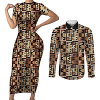Kuba Flow Couples Matching Short Sleeve Bodycon Dress and Long Sleeve Button Shirt with Geometric Tribal Blocks and Earth-Tone Mosaic Design - Wonder Print Shop