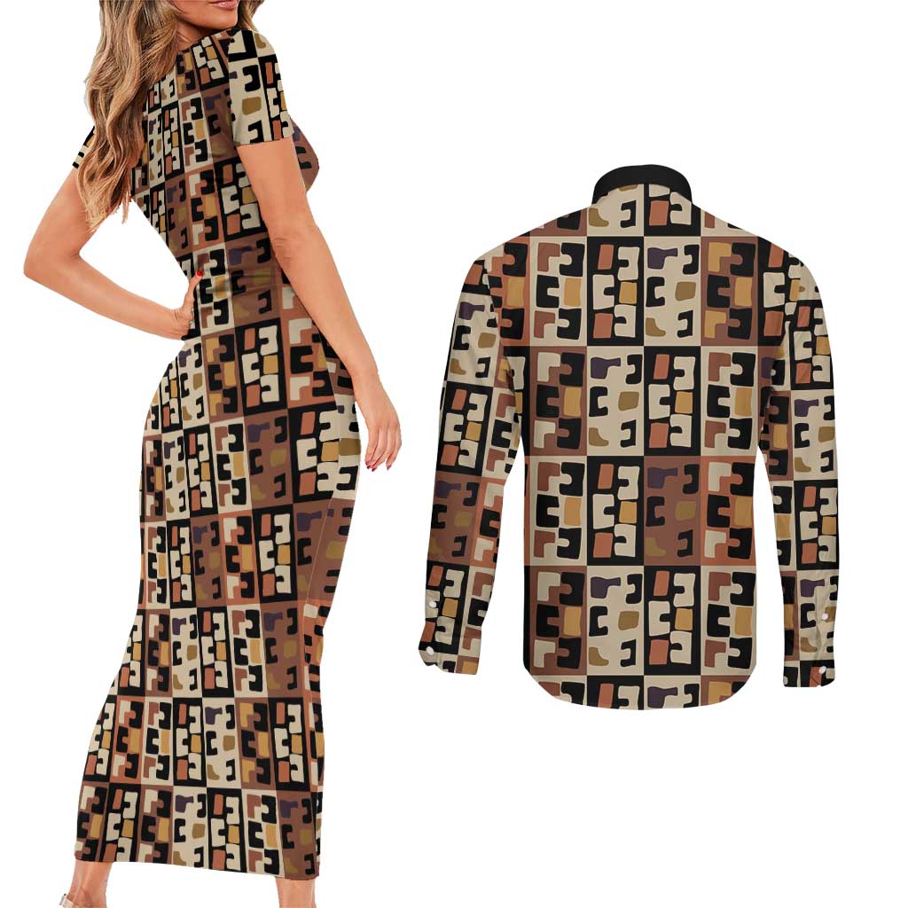 Kuba Flow Couples Matching Short Sleeve Bodycon Dress and Long Sleeve Button Shirt with Geometric Tribal Blocks and Earth-Tone Mosaic Design - Wonder Print Shop