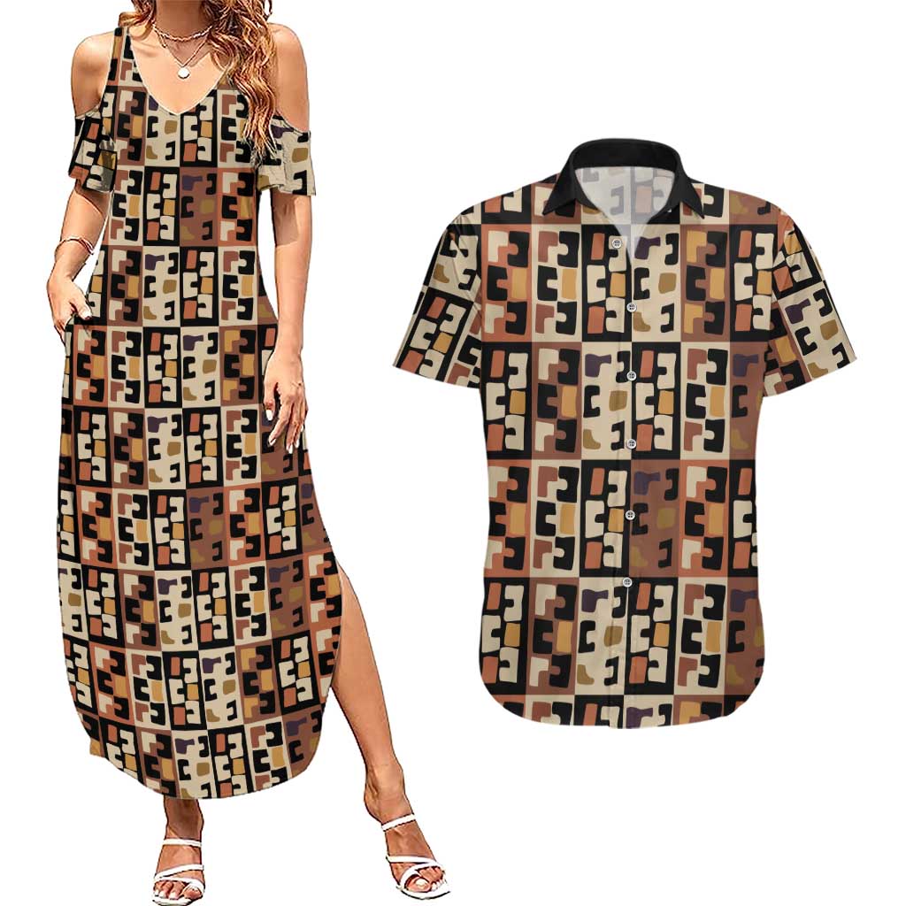 Kuba Flow Couples Matching Summer Maxi Dress and Hawaiian Shirt with Geometric Tribal Blocks and Earth-Tone Mosaic Design - Wonder Print Shop