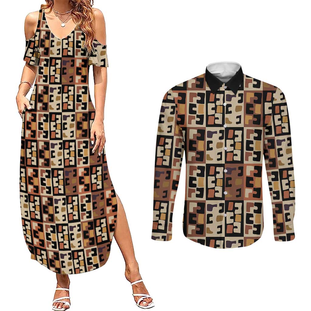 Kuba Flow Couples Matching Summer Maxi Dress and Long Sleeve Button Shirt with Geometric Tribal Blocks and Earth-Tone Mosaic Design - Wonder Print Shop