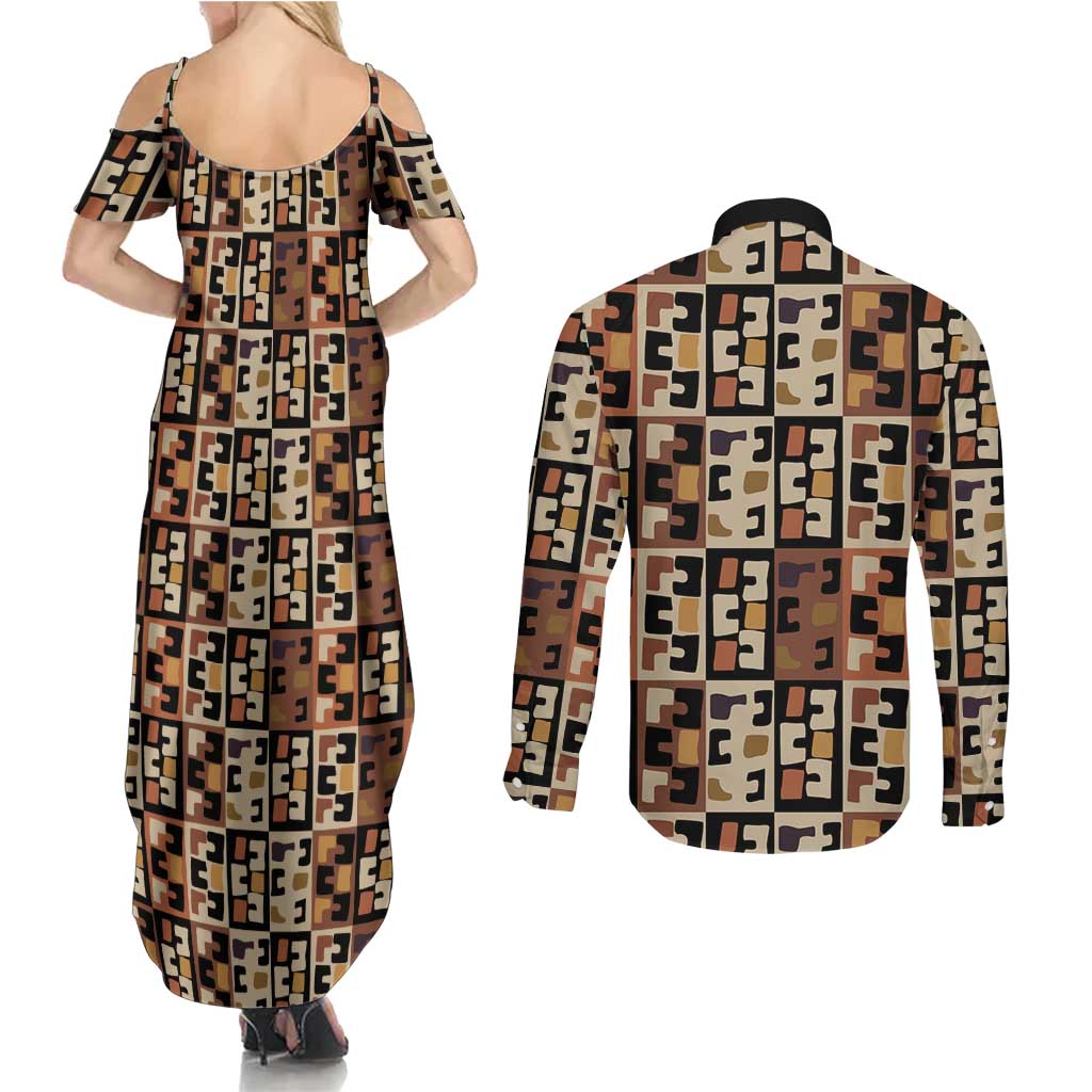 Kuba Flow Couples Matching Summer Maxi Dress and Long Sleeve Button Shirt with Geometric Tribal Blocks and Earth-Tone Mosaic Design - Wonder Print Shop