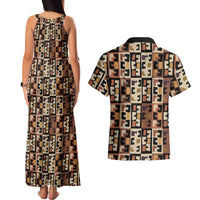 Kuba Flow Couples Matching Tank Maxi Dress and Hawaiian Shirt with Geometric Tribal Blocks and Earth-Tone Mosaic Design - Wonder Print Shop