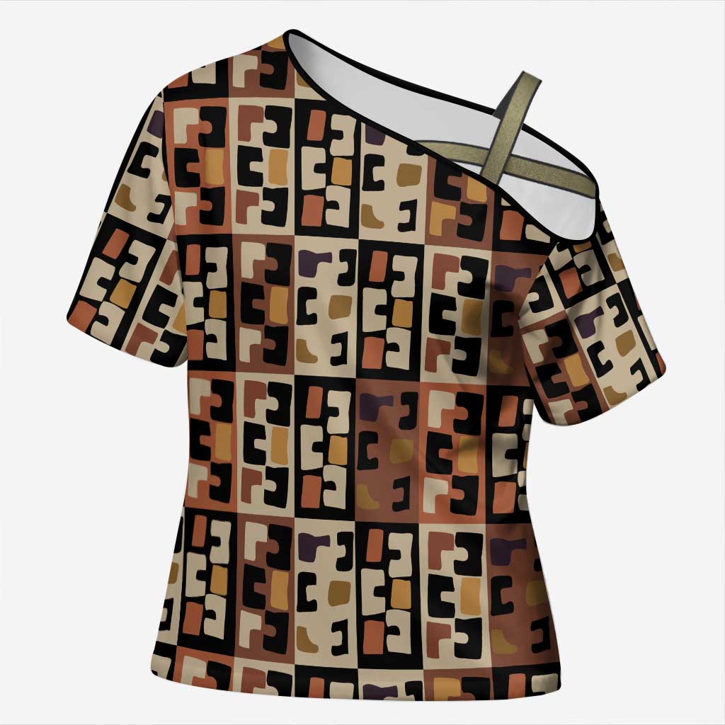 Kuba Flow Cross Shoulder Shirt with Geometric Tribal Blocks and Earth-Tone Mosaic Design - Wonder Print Shop