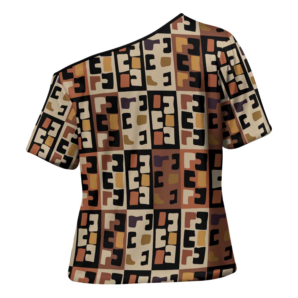 Kuba Flow Cross Shoulder Shirt with Geometric Tribal Blocks and Earth-Tone Mosaic Design - Wonder Print Shop