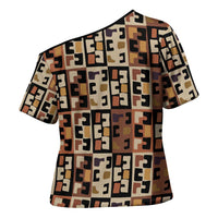 Kuba Flow Cross Shoulder Shirt with Geometric Tribal Blocks and Earth-Tone Mosaic Design - Wonder Print Shop