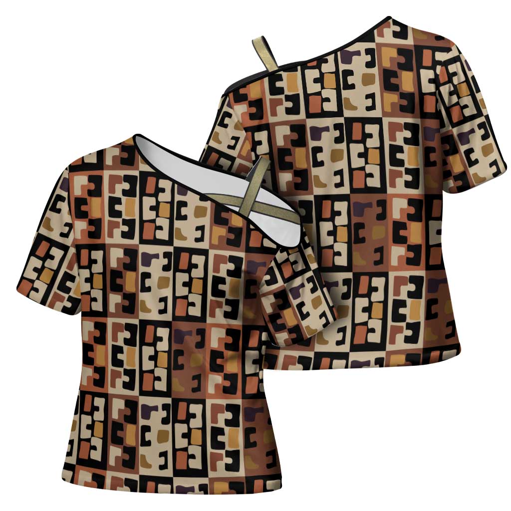 Kuba Flow Cross Shoulder Shirt with Geometric Tribal Blocks and Earth-Tone Mosaic Design - Wonder Print Shop