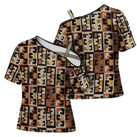 Kuba Flow Cross Shoulder Shirt with Geometric Tribal Blocks and Earth-Tone Mosaic Design - Wonder Print Shop