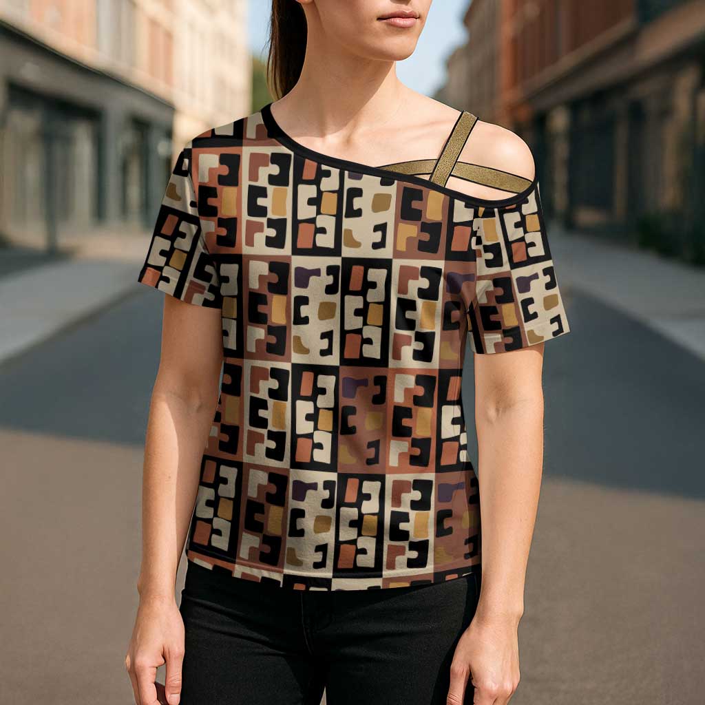 Kuba Flow Cross Shoulder Shirt with Geometric Tribal Blocks and Earth-Tone Mosaic Design - Wonder Print Shop