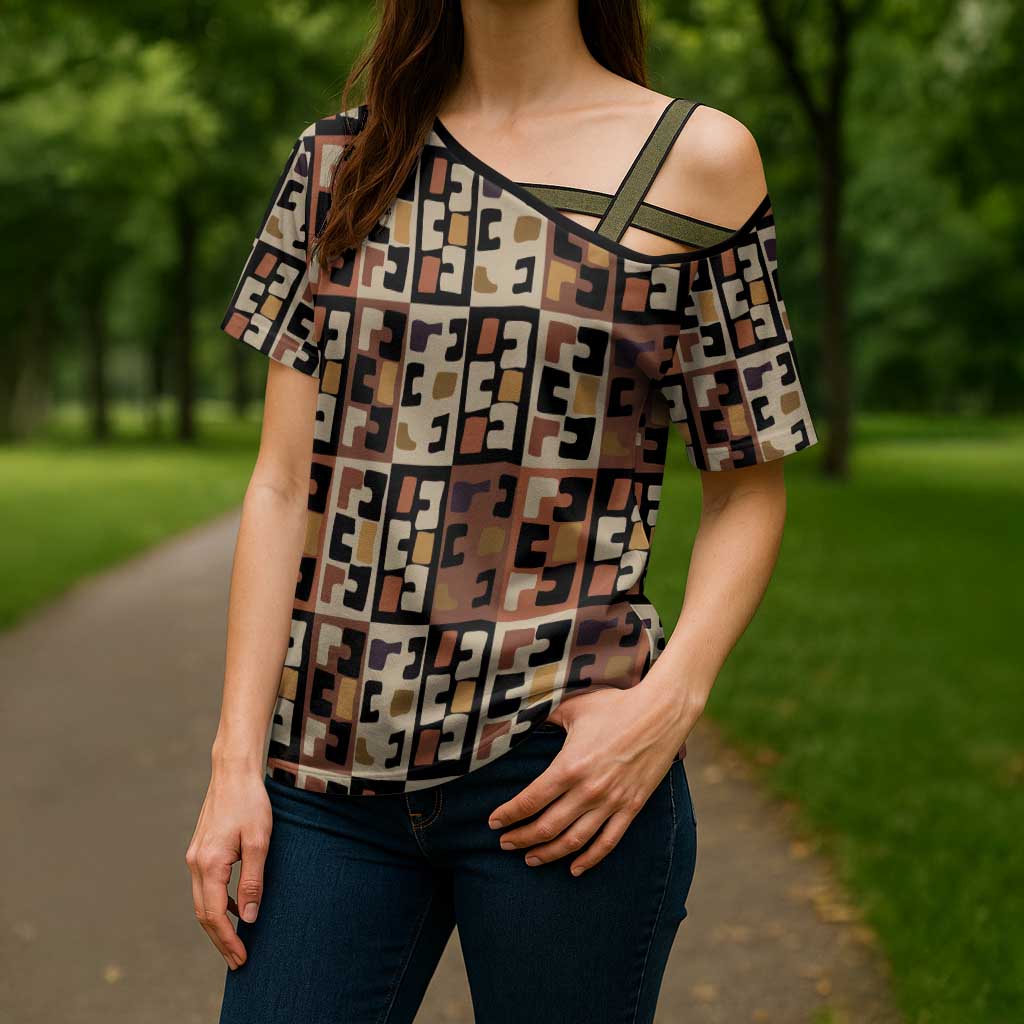 Kuba Flow Cross Shoulder Shirt with Geometric Tribal Blocks and Earth-Tone Mosaic Design - Wonder Print Shop