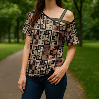 Kuba Flow Cross Shoulder Shirt with Geometric Tribal Blocks and Earth-Tone Mosaic Design - Wonder Print Shop