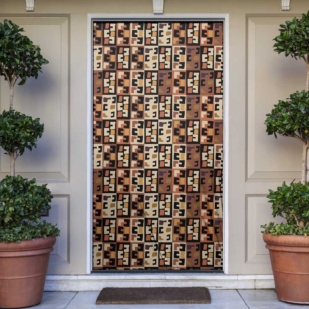 Kuba Flow Door Cover with Geometric Tribal Blocks and Earth-Tone Mosaic Design - Wonder Print Shop