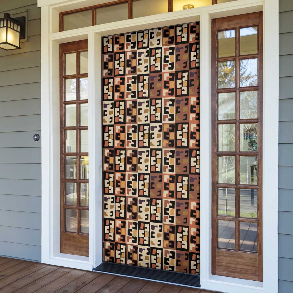 Kuba Flow Door Cover with Geometric Tribal Blocks and Earth-Tone Mosaic Design - Wonder Print Shop