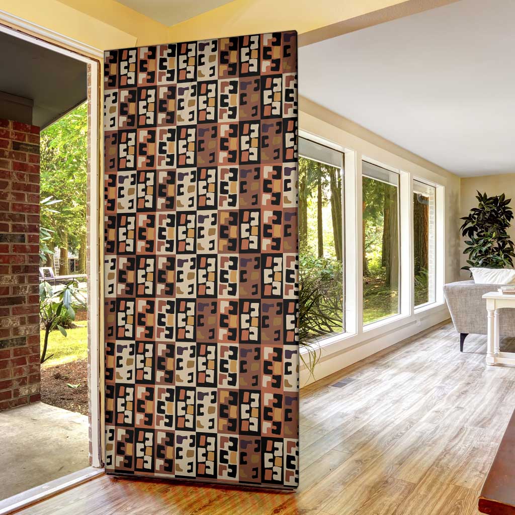 Kuba Flow Door Cover with Geometric Tribal Blocks and Earth-Tone Mosaic Design - Wonder Print Shop