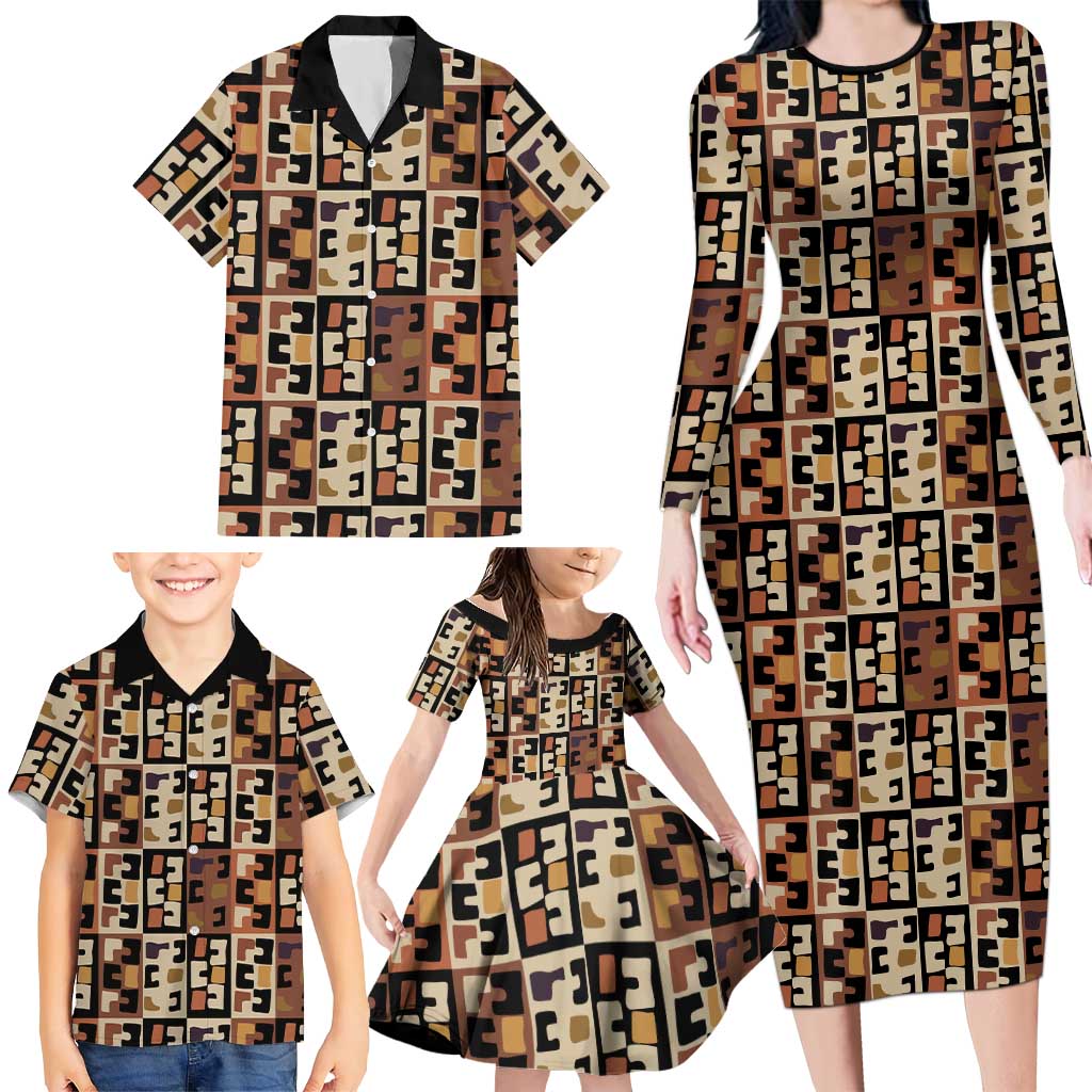 Kuba Flow Family Matching Long Sleeve Bodycon Dress and Hawaiian Shirt with Geometric Tribal Blocks and Earth-Tone Mosaic Design - Wonder Print Shop