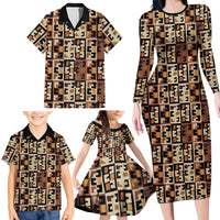 Kuba Flow Family Matching Long Sleeve Bodycon Dress and Hawaiian Shirt with Geometric Tribal Blocks and Earth-Tone Mosaic Design - Wonder Print Shop
