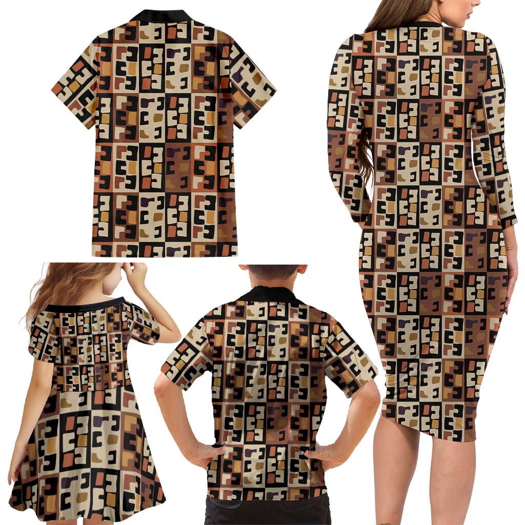 Kuba Flow Family Matching Long Sleeve Bodycon Dress and Hawaiian Shirt with Geometric Tribal Blocks and Earth-Tone Mosaic Design - Wonder Print Shop