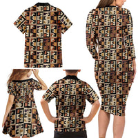 Kuba Flow Family Matching Long Sleeve Bodycon Dress and Hawaiian Shirt with Geometric Tribal Blocks and Earth-Tone Mosaic Design - Wonder Print Shop