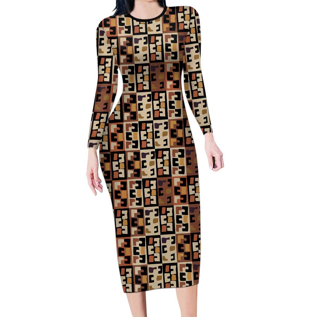 Kuba Flow Family Matching Long Sleeve Bodycon Dress and Hawaiian Shirt with Geometric Tribal Blocks and Earth-Tone Mosaic Design - Wonder Print Shop