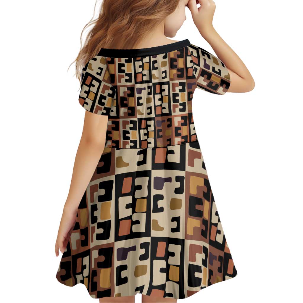 Kuba Flow Family Matching Mermaid Dress and Hawaiian Shirt with Geometric Tribal Blocks and Earth-Tone Mosaic Design - Wonder Print Shop