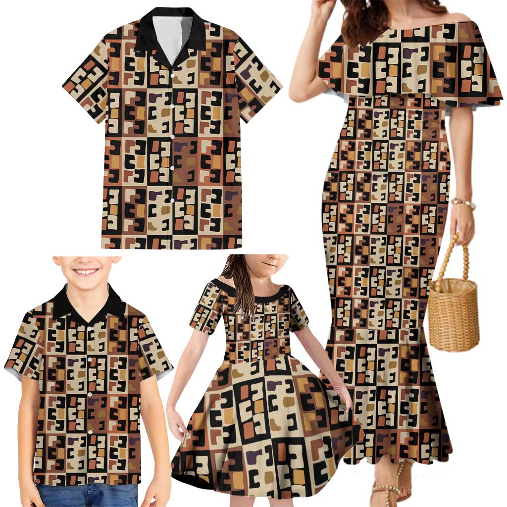 Kuba Flow Family Matching Mermaid Dress and Hawaiian Shirt with Geometric Tribal Blocks and Earth-Tone Mosaic Design - Wonder Print Shop
