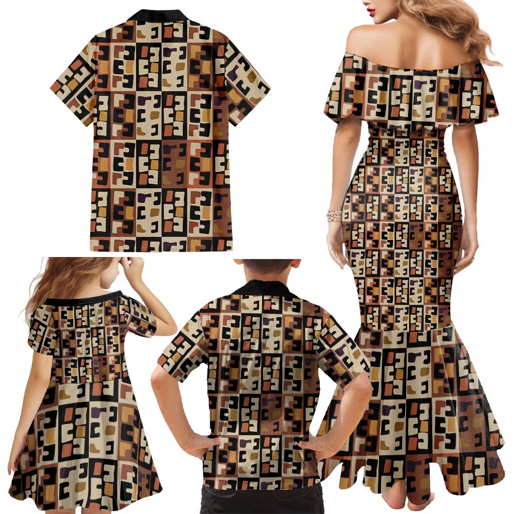 Kuba Flow Family Matching Mermaid Dress and Hawaiian Shirt with Geometric Tribal Blocks and Earth-Tone Mosaic Design - Wonder Print Shop