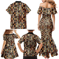 Kuba Flow Family Matching Mermaid Dress and Hawaiian Shirt with Geometric Tribal Blocks and Earth-Tone Mosaic Design - Wonder Print Shop