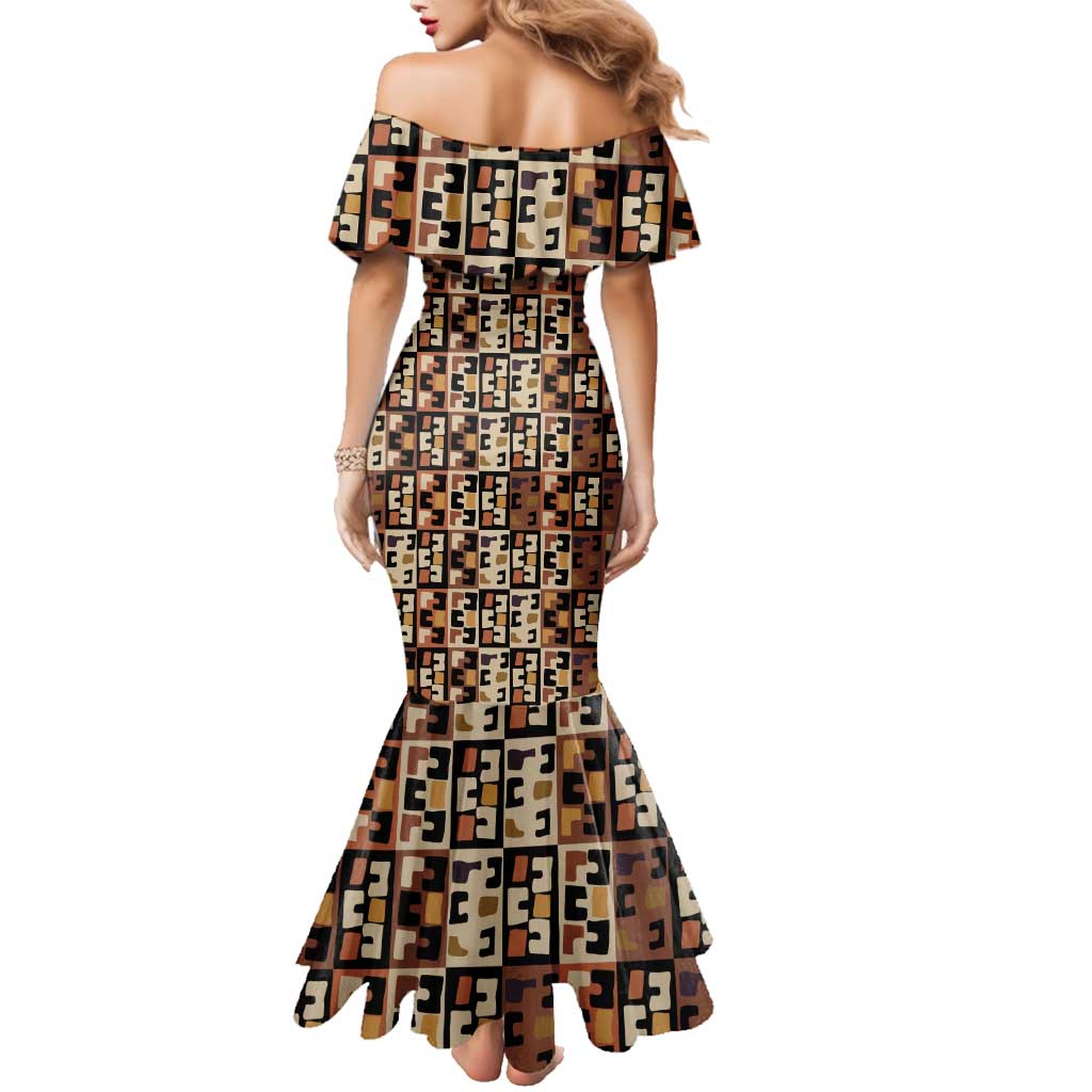 Kuba Flow Family Matching Mermaid Dress and Hawaiian Shirt with Geometric Tribal Blocks and Earth-Tone Mosaic Design - Wonder Print Shop