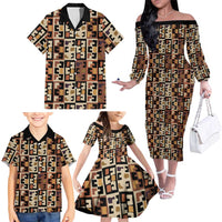 Kuba Flow Family Matching Off The Shoulder Long Sleeve Dress and Hawaiian Shirt with Geometric Tribal Blocks and Earth-Tone Mosaic Design - Wonder Print Shop