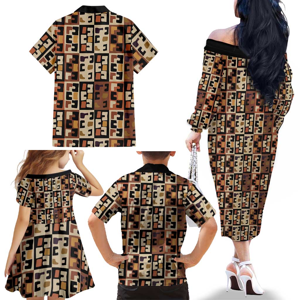 Kuba Flow Family Matching Off The Shoulder Long Sleeve Dress and Hawaiian Shirt with Geometric Tribal Blocks and Earth-Tone Mosaic Design - Wonder Print Shop