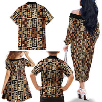 Kuba Flow Family Matching Off The Shoulder Long Sleeve Dress and Hawaiian Shirt with Geometric Tribal Blocks and Earth-Tone Mosaic Design - Wonder Print Shop