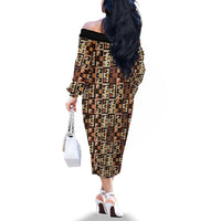 Kuba Flow Family Matching Off The Shoulder Long Sleeve Dress and Hawaiian Shirt with Geometric Tribal Blocks and Earth-Tone Mosaic Design - Wonder Print Shop