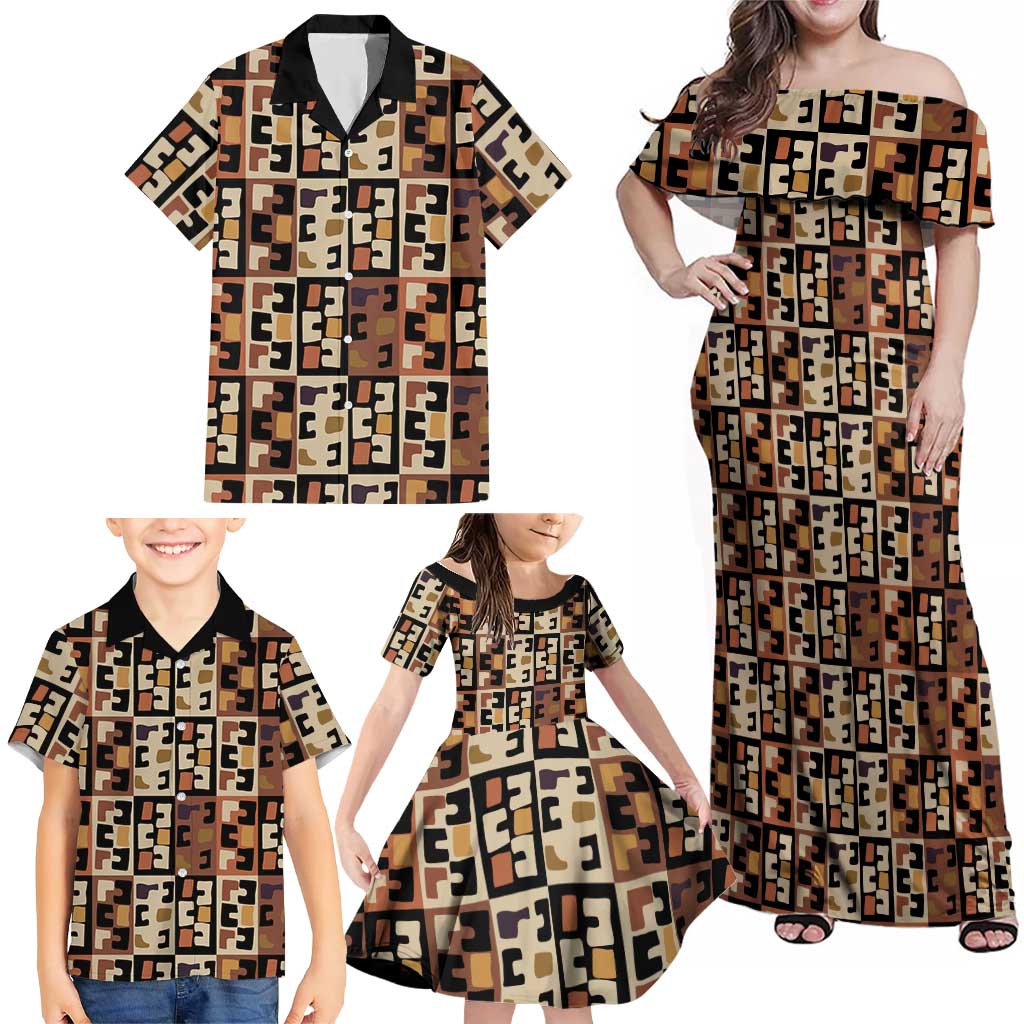 Kuba Flow Family Matching Off Shoulder Maxi Dress and Hawaiian Shirt with Geometric Tribal Blocks and Earth-Tone Mosaic Design - Wonder Print Shop