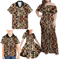 Kuba Flow Family Matching Off Shoulder Maxi Dress and Hawaiian Shirt with Geometric Tribal Blocks and Earth-Tone Mosaic Design - Wonder Print Shop