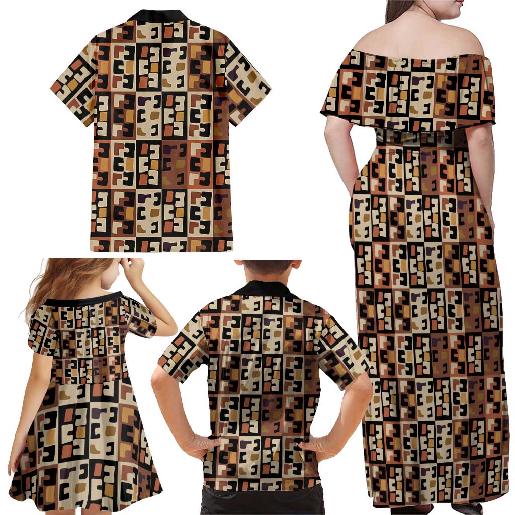 Kuba Flow Family Matching Off Shoulder Maxi Dress and Hawaiian Shirt with Geometric Tribal Blocks and Earth-Tone Mosaic Design - Wonder Print Shop