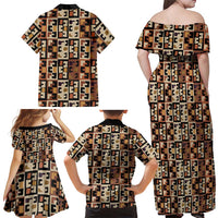 Kuba Flow Family Matching Off Shoulder Maxi Dress and Hawaiian Shirt with Geometric Tribal Blocks and Earth-Tone Mosaic Design - Wonder Print Shop