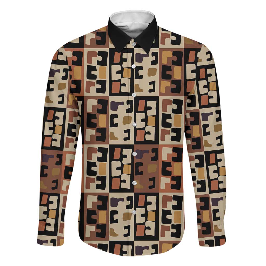 Kuba Flow Family Matching Off Shoulder Maxi Dress and Hawaiian Shirt with Geometric Tribal Blocks and Earth-Tone Mosaic Design - Wonder Print Shop