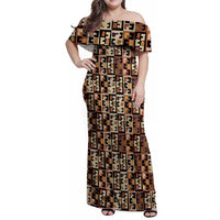 Kuba Flow Family Matching Off Shoulder Maxi Dress and Hawaiian Shirt with Geometric Tribal Blocks and Earth-Tone Mosaic Design - Wonder Print Shop