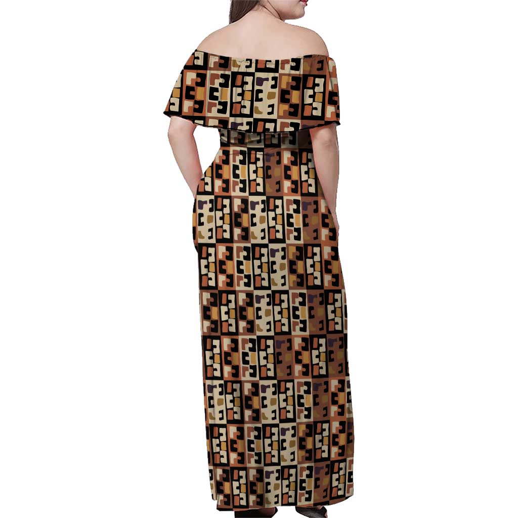 Kuba Flow Family Matching Off Shoulder Maxi Dress and Hawaiian Shirt with Geometric Tribal Blocks and Earth-Tone Mosaic Design - Wonder Print Shop