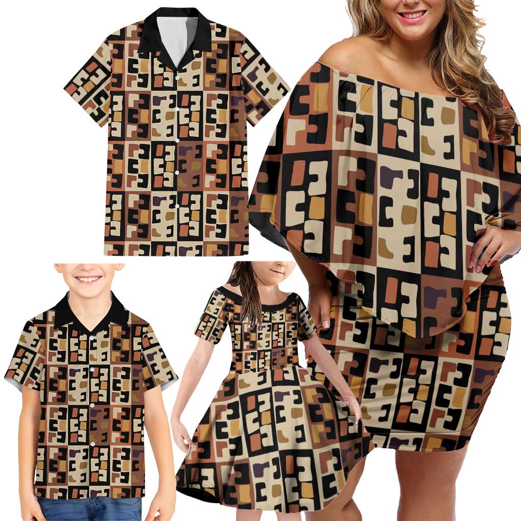 Kuba Flow Family Matching Off Shoulder Short Dress and Hawaiian Shirt with Geometric Tribal Blocks and Earth-Tone Mosaic Design - Wonder Print Shop