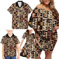 Kuba Flow Family Matching Off Shoulder Short Dress and Hawaiian Shirt with Geometric Tribal Blocks and Earth-Tone Mosaic Design - Wonder Print Shop