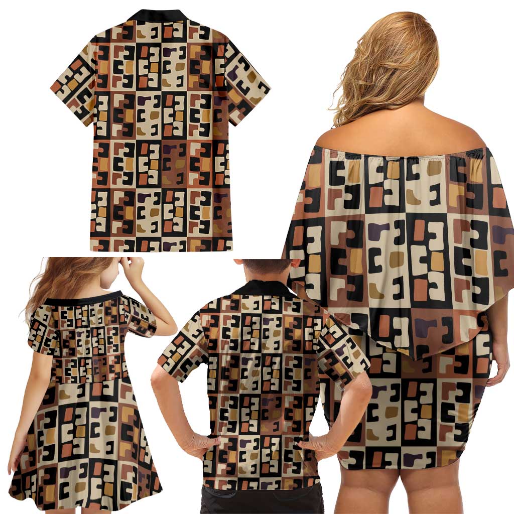 Kuba Flow Family Matching Off Shoulder Short Dress and Hawaiian Shirt with Geometric Tribal Blocks and Earth-Tone Mosaic Design - Wonder Print Shop