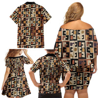 Kuba Flow Family Matching Off Shoulder Short Dress and Hawaiian Shirt with Geometric Tribal Blocks and Earth-Tone Mosaic Design - Wonder Print Shop
