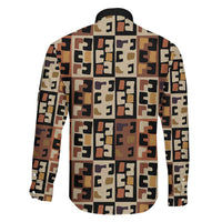 Kuba Flow Family Matching Off Shoulder Short Dress and Hawaiian Shirt with Geometric Tribal Blocks and Earth-Tone Mosaic Design - Wonder Print Shop