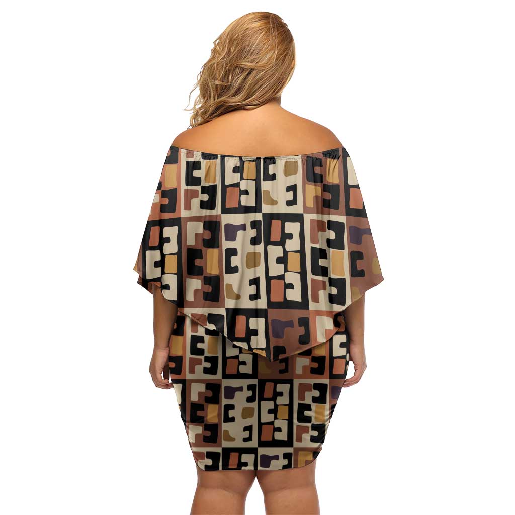 Kuba Flow Family Matching Off Shoulder Short Dress and Hawaiian Shirt with Geometric Tribal Blocks and Earth-Tone Mosaic Design - Wonder Print Shop
