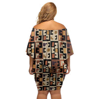 Kuba Flow Family Matching Off Shoulder Short Dress and Hawaiian Shirt with Geometric Tribal Blocks and Earth-Tone Mosaic Design - Wonder Print Shop