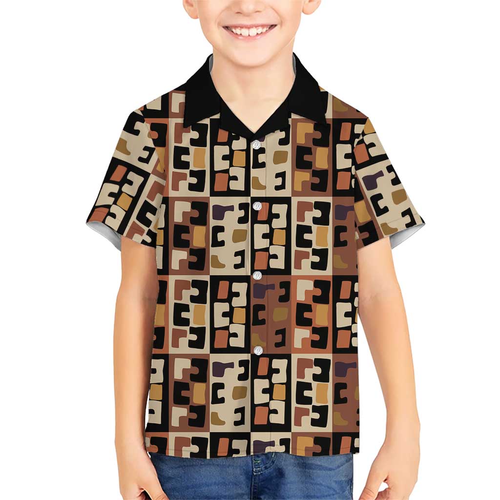 Kuba Flow Family Matching Off Shoulder Short Dress and Hawaiian Shirt with Geometric Tribal Blocks and Earth-Tone Mosaic Design - Wonder Print Shop