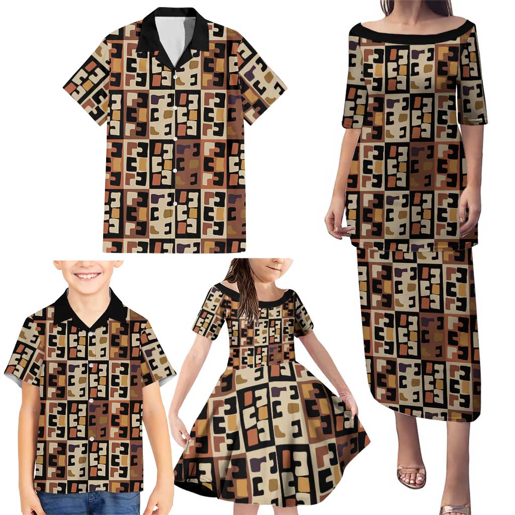 Kuba Flow Family Matching Puletasi and Hawaiian Shirt with Geometric Tribal Blocks and Earth-Tone Mosaic Design - Wonder Print Shop