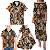 Kuba Flow Family Matching Puletasi and Hawaiian Shirt with Geometric Tribal Blocks and Earth-Tone Mosaic Design - Wonder Print Shop