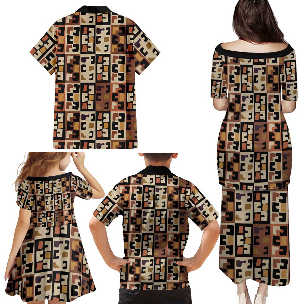Kuba Flow Family Matching Puletasi and Hawaiian Shirt with Geometric Tribal Blocks and Earth-Tone Mosaic Design - Wonder Print Shop