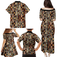 Kuba Flow Family Matching Puletasi and Hawaiian Shirt with Geometric Tribal Blocks and Earth-Tone Mosaic Design - Wonder Print Shop